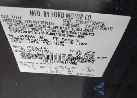 2016 Ford Taurus Sel z USA, uszkodzony, nr VIN 1FAHP2E86GG155880